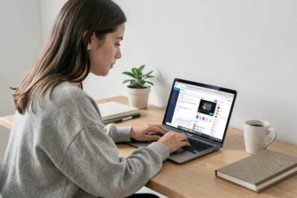 Femme utilisant un laptop 13 pouces sur un bureau minimaliste avec workspace optimisé en écran partagé