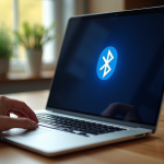 Ordinateur portable moderne avec symbole Bluetooth lumineux