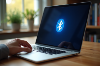 Ordinateur portable moderne avec symbole Bluetooth lumineux