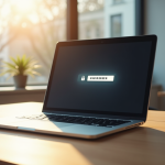 Ordinateur portable verrouille sur un bureau lumineux avec soleil