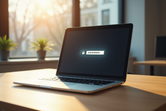 Ordinateur portable verrouille sur un bureau lumineux avec soleil