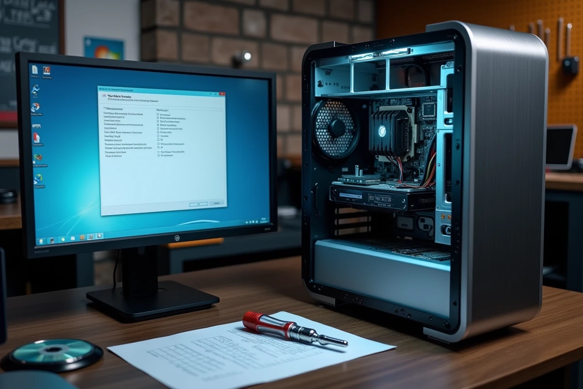 Tour PC ouverte avec écran affichant les propriétés système Windows 7 pour choisir entre version 32 bits et 64 bits