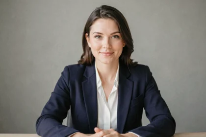 Femme professionnelle en blazer marine posant pour une photo de profil CV sur fond gris neutre
