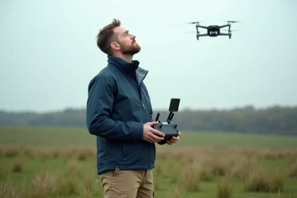 Pilote de drone adulte en plein air tenant une télécommande professionnelle dans un champ rural français, illustrant la pratique du pilotage de drone en conformité avec la réglementation française