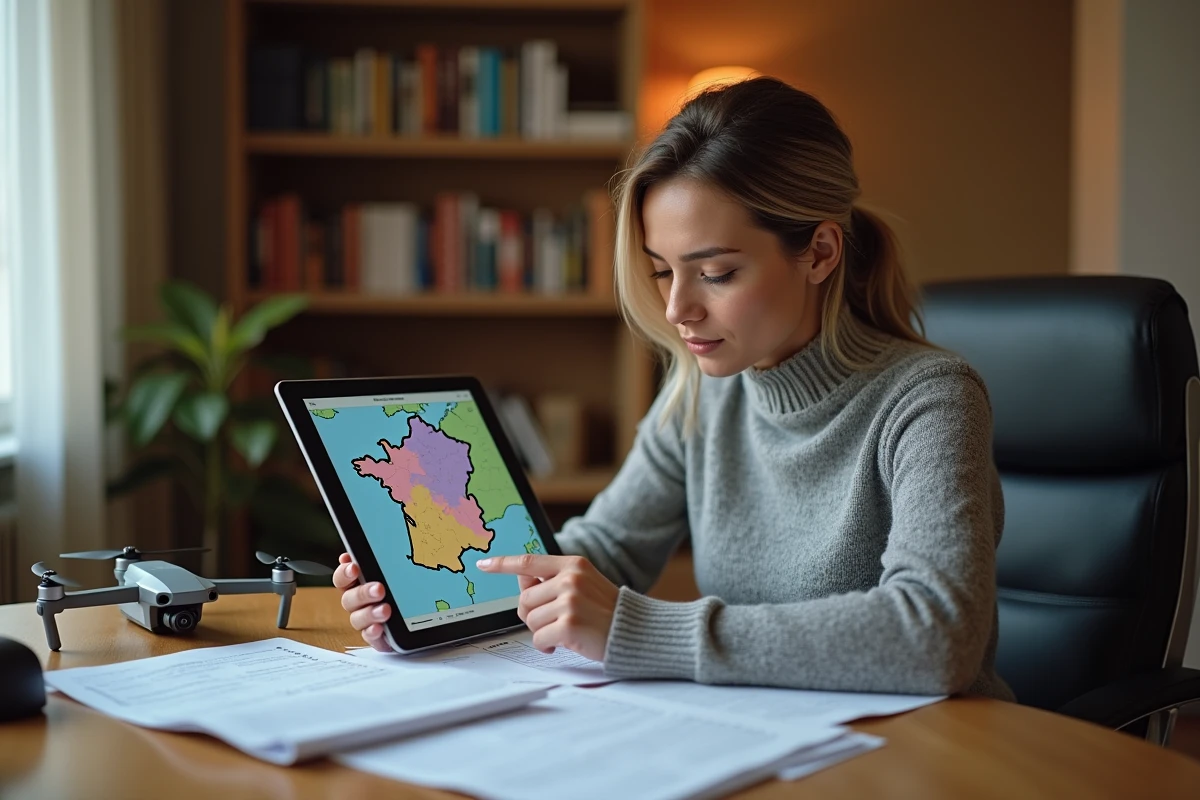 Femme pilote de drone en train d'étudier la réglementation aérienne française sur tablette et documents imprimés dans un bureau à domicile, illustrant la préparation administrative requise pour voler légalement en France