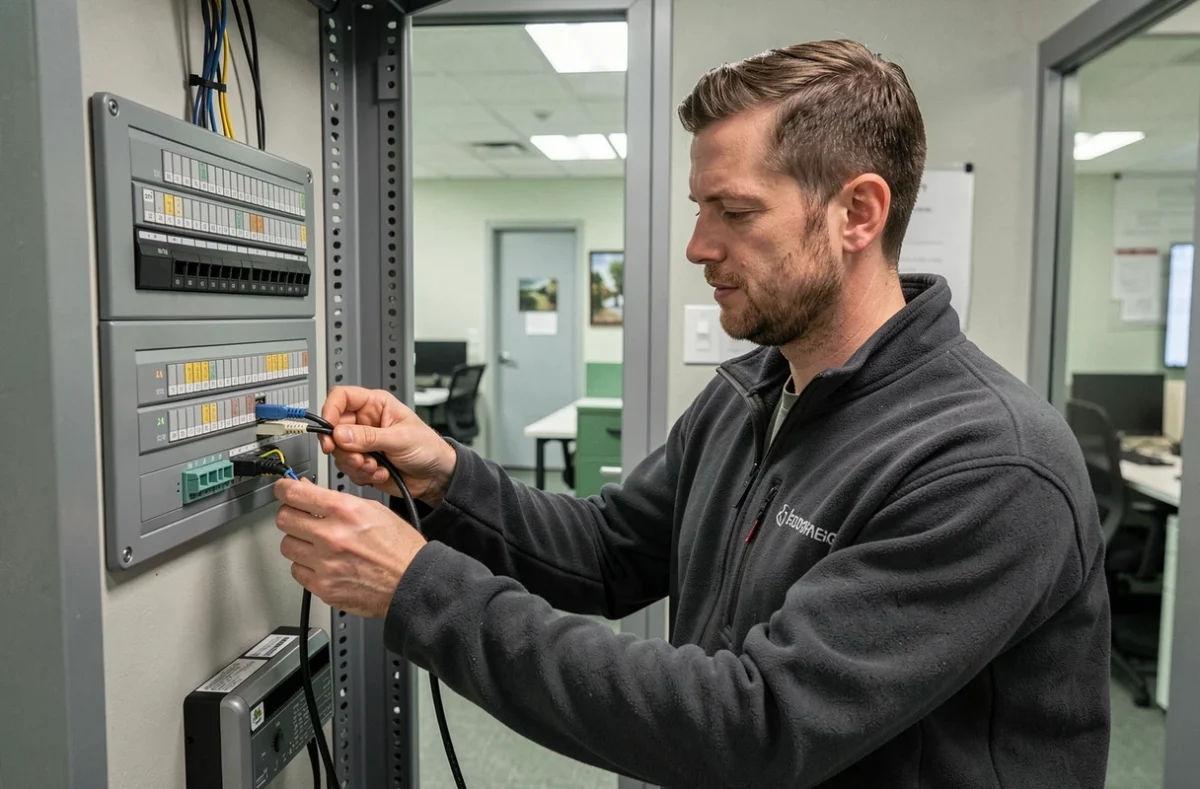 Technicien informatique effectuant la maintenance d'une installation réseau dans une entreprise de Segré