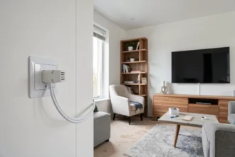 Prise murale RJ45 posée près d'un meuble télévision dans un séjour