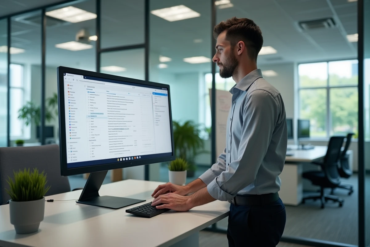 Professeur universitaire gérant son courrier électronique Zimbra dans un bureau académique moderne et organisé