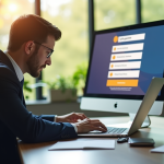 Professionnel au bureau utilisant un ordinateur avec formulaire de capture de leads