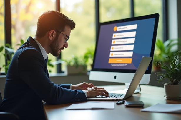 Professionnel au bureau utilisant un ordinateur avec formulaire de capture de leads