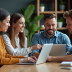 Quatre professionnels collaborent autour d'une table moderne