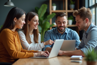 Quatre professionnels collaborent autour d'une table moderne