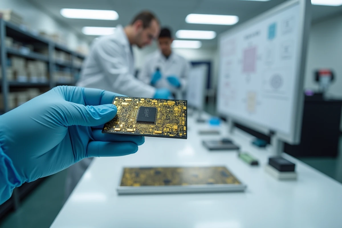 Puce processeur quantique tenue par un technicien dans un laboratoire d'électronique spécialisé