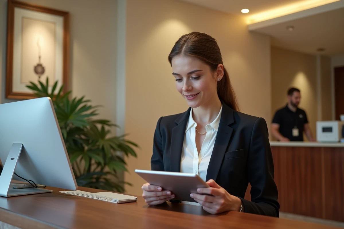 Réceptionniste d'hôtel indépendant utilisant un logiciel de gestion sur tablette à la réception