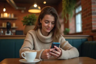 Jeune femme consultant des stories Instagram sur son smartphone dans un café, illustrant la navigation discrète sur les réseaux sociaux