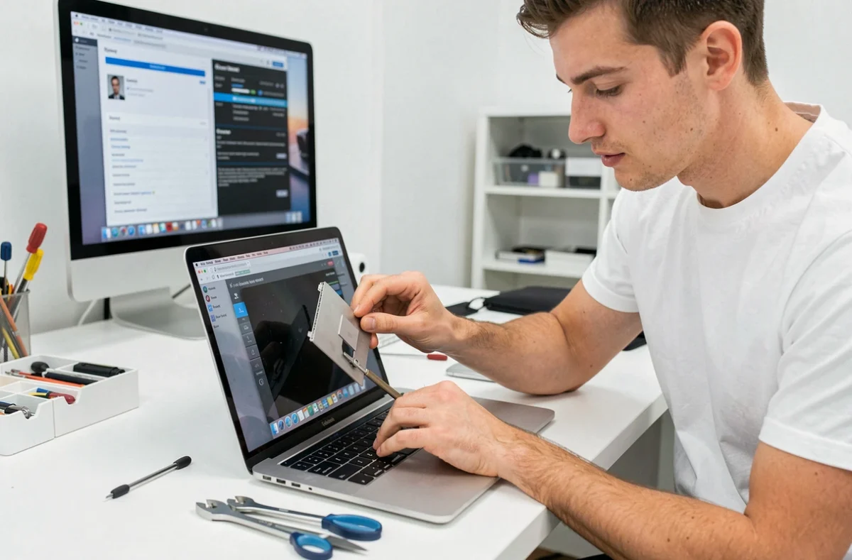 Technicien spécialisé Apple en train de réparer un MacBook Pro dans un atelier dédié à Angers