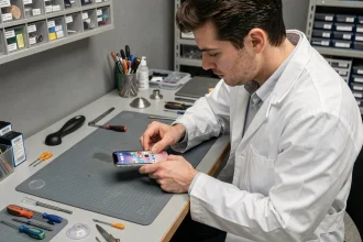 Technicien remplaçant l'écran d'un iPhone 11 sur un établi de réparation professionnel avec outils de précision