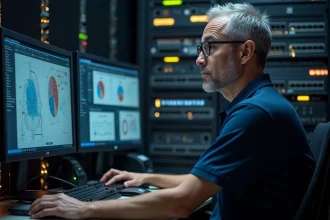 Responsable informatique d'un hôtel indépendant analysant l'infrastructure réseau dans une salle serveur