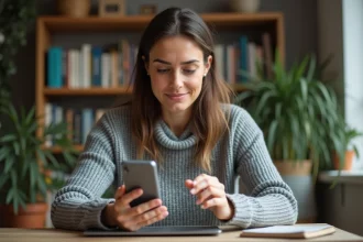 Femme consultant son ancien smartphone Android et son ordinateur portable pour restaurer des SMS effacés après un changement de téléphone