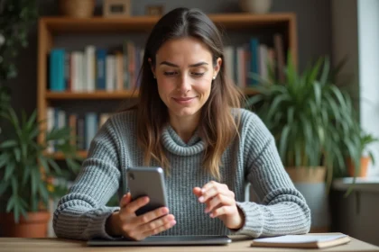 Femme consultant son ancien smartphone Android et son ordinateur portable pour restaurer des SMS effacés après un changement de téléphone