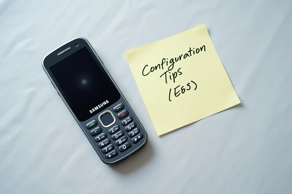 Samsung E250 ouvert affichant le menu des réglages avec note manuscrite sur tissu gris