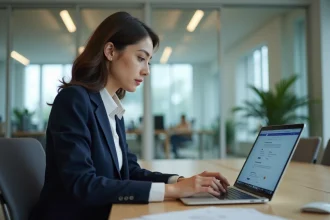 Femme professionnelle configurant les paramètres de sécurité de son compte webmail académique sur un ordinateur portable au bureau