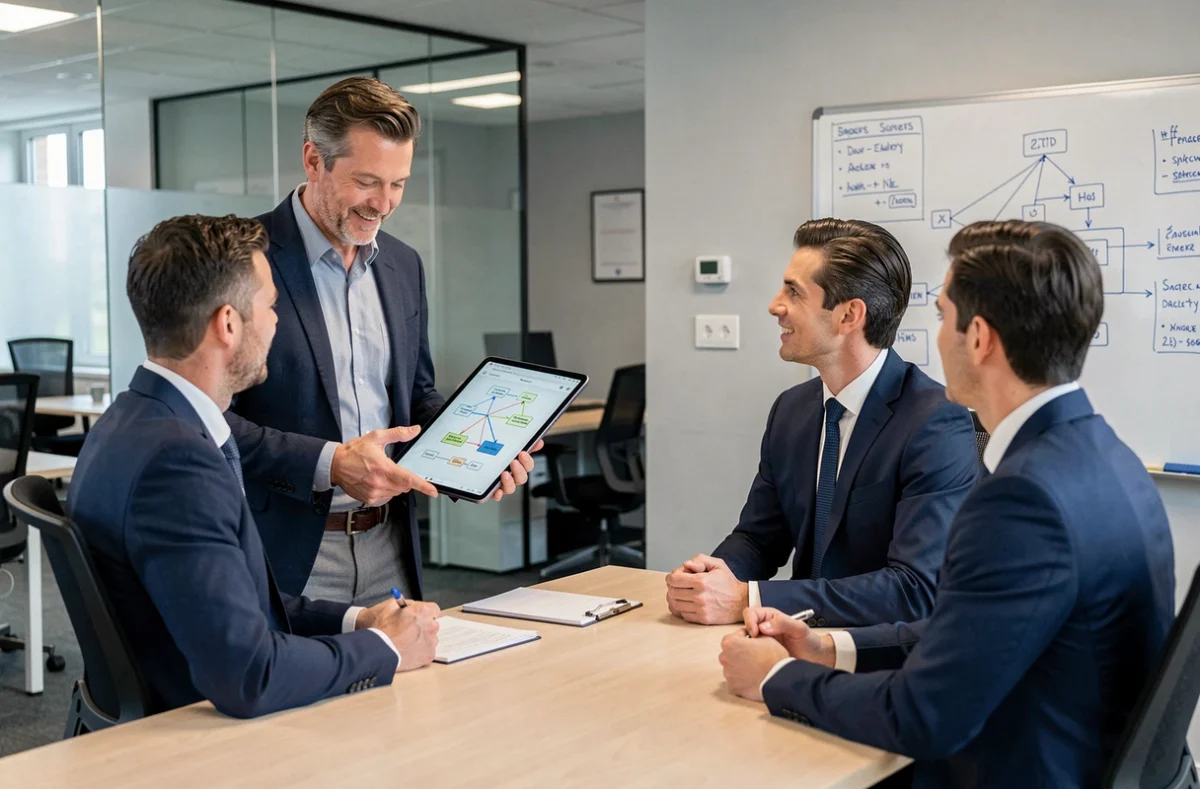 Consultant informatique présentant une solution réseau à des professionnels dans une salle de réunion à Angers