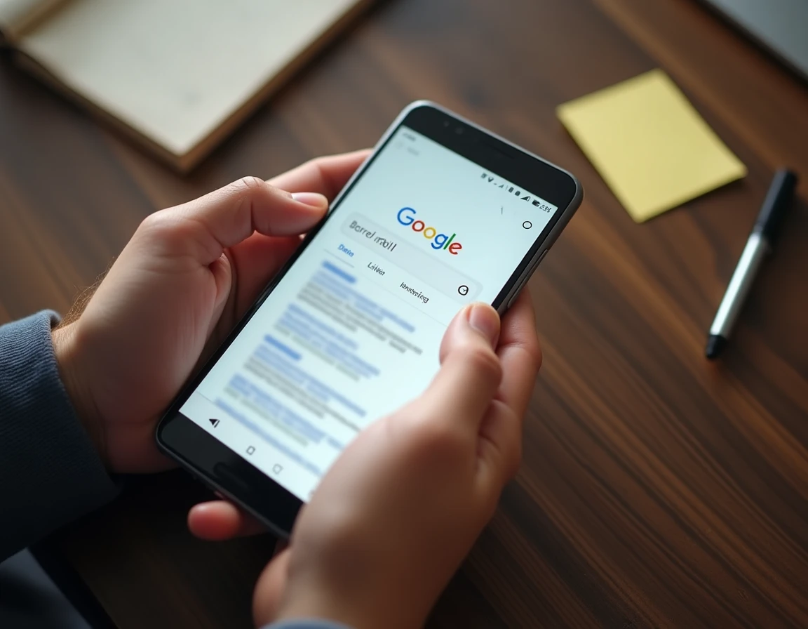 Gros plan sur un smartphone affichant l'animation de l'easter egg Google do a barrel roll avec la page de résultats en rotation
