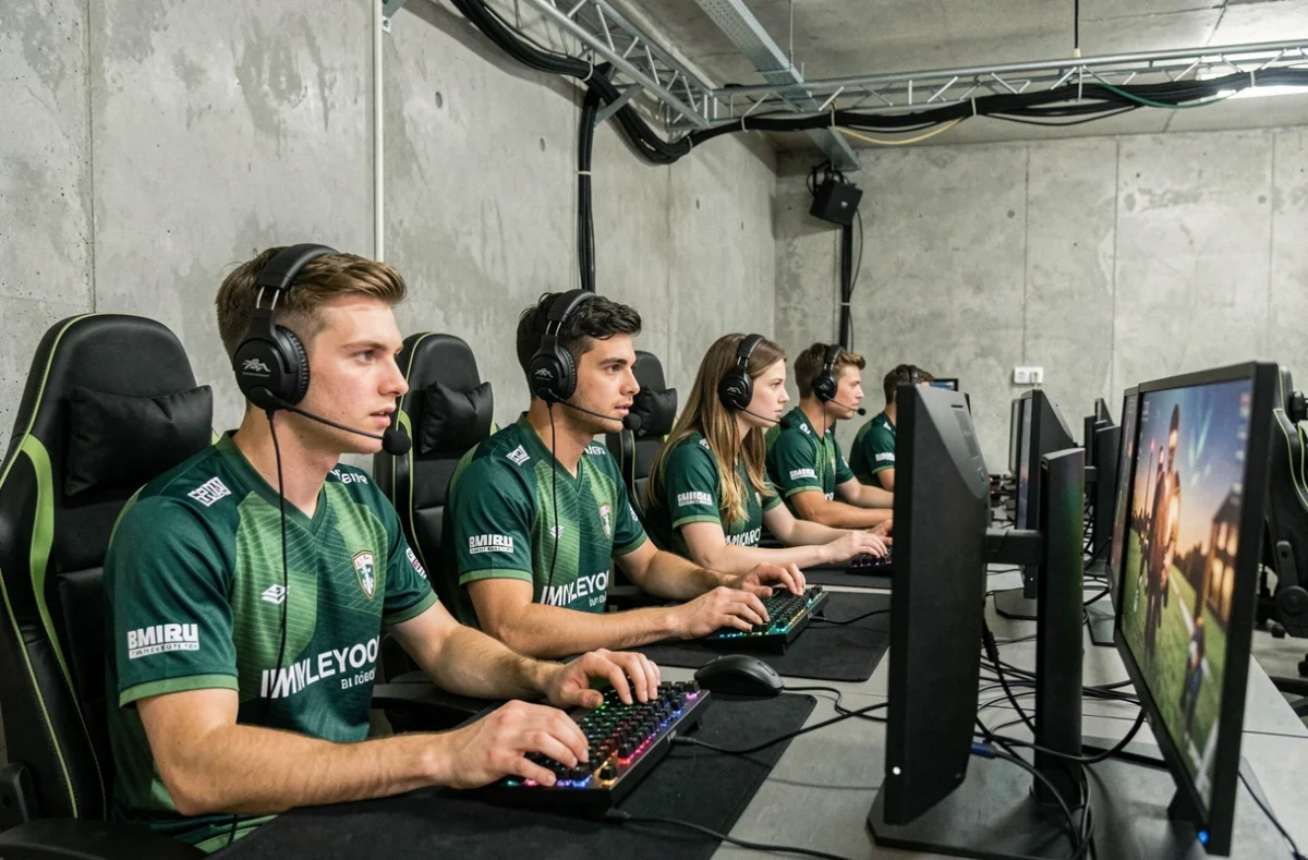 Trio de joueurs en stack communiquant sur leurs postes gaming dans une salle esports, stratégie CS2 en équipe