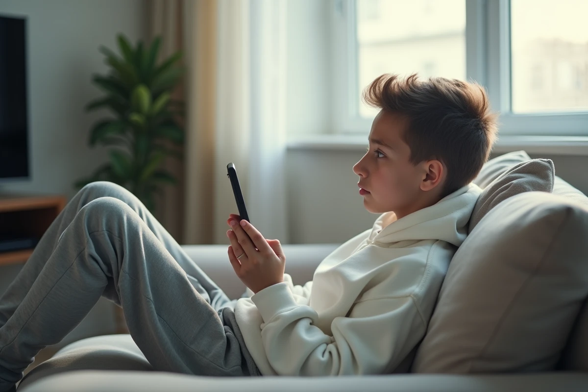 Jeune adulte allongé sur un canapé consultant des stories Instagram sur son téléphone sans être abonné au compte