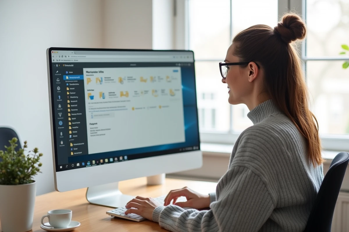Femme avec lunettes supprimant les fichiers cache de FiveM dans un bureau minimaliste à domicile sur écran ultrawide