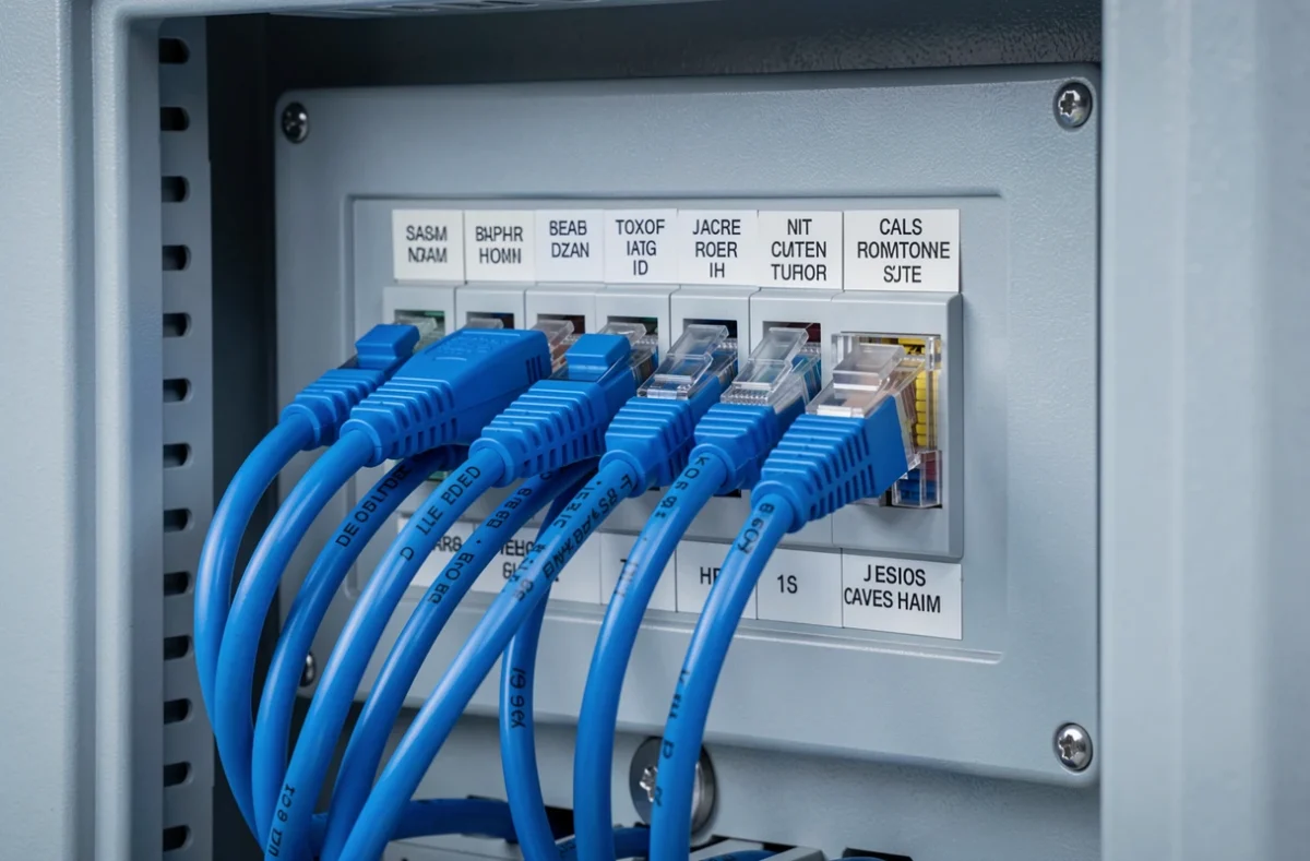 Tableau de communication d'un logement avec cordons RJ45 repérés