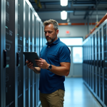Technicien homme dans un centre de données moderne