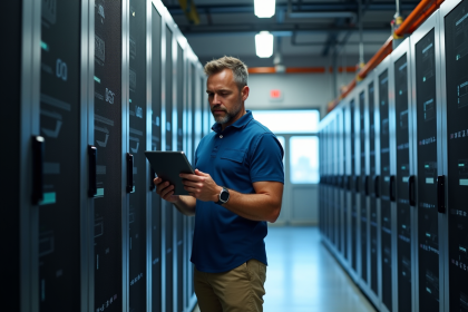 Technicien homme dans un centre de données moderne