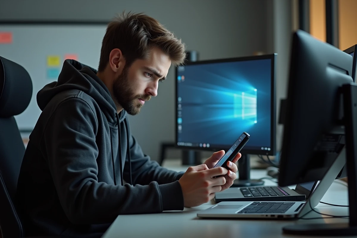 Technicien informatique résolvant des bugs sur l'application Tchap depuis un poste de travail