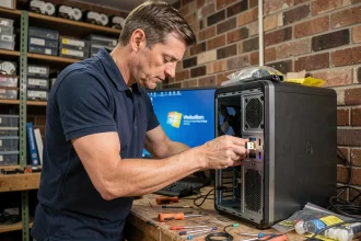 Technicien informatique insérant une clé USB de réinstallation Windows 7 dans un ordinateur de bureau lors d'une réparation après crash disque