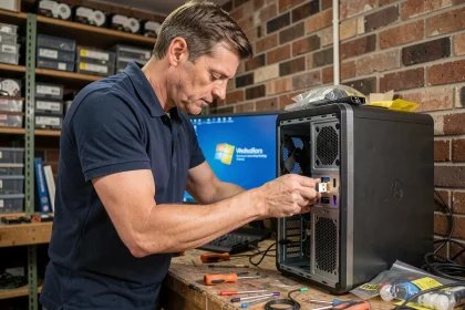Technicien informatique insérant une clé USB de réinstallation Windows 7 dans un ordinateur de bureau lors d'une réparation après crash disque