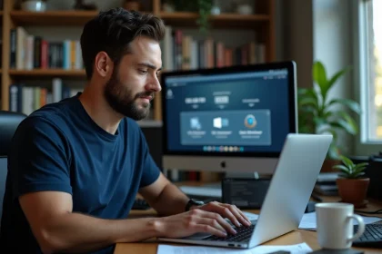 Homme téléchargeant une image ISO de Windows 7 sur un ordinateur portable, choisissant entre version 32 bits et 64 bits