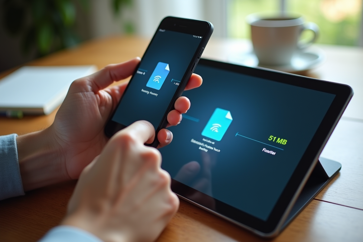 Transfert de fichiers entre smartphone et tablette en intérieur