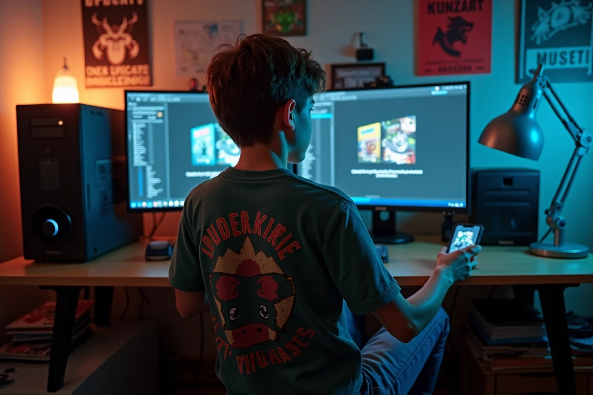 Adolescent suivant un tutoriel sur smartphone pour vider le cache FiveM sur son PC de bureau dans sa chambre