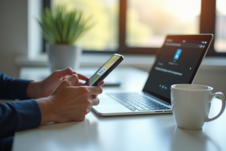 Personne entrant un code 2FA sur smartphone sur un bureau lumineux