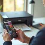 Personne utilisant un smartphone dans un bureau moderne avec imprimante Canon