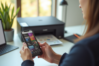 Personne utilisant un smartphone dans un bureau moderne avec imprimante Canon