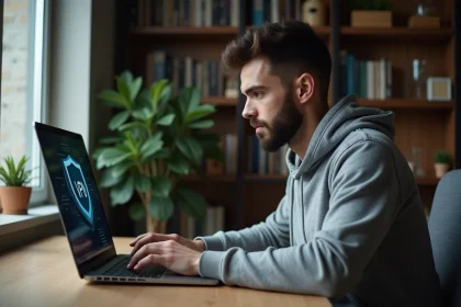 Homme utilisant un VPN sur son ordinateur portable dans un bureau à domicile sécurisé