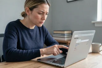 Femme vérifiant attentivement l'URL d'un site web sur un ordinateur portable pour éviter les faux miroirs d'Epsilon Soft