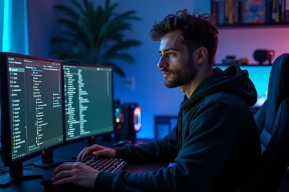 Jeune homme vidant le cache FiveM sur son PC gaming avec double écran affichant l'explorateur de fichiers Windows