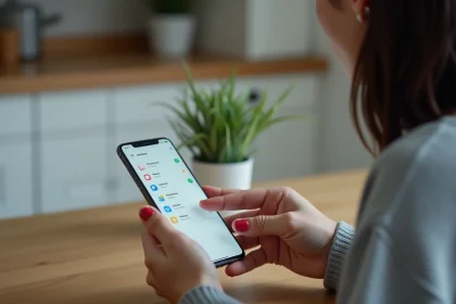 Femme utilisant un smartphone Samsung pour vider la corbeille depuis les paramètres de l'appareil