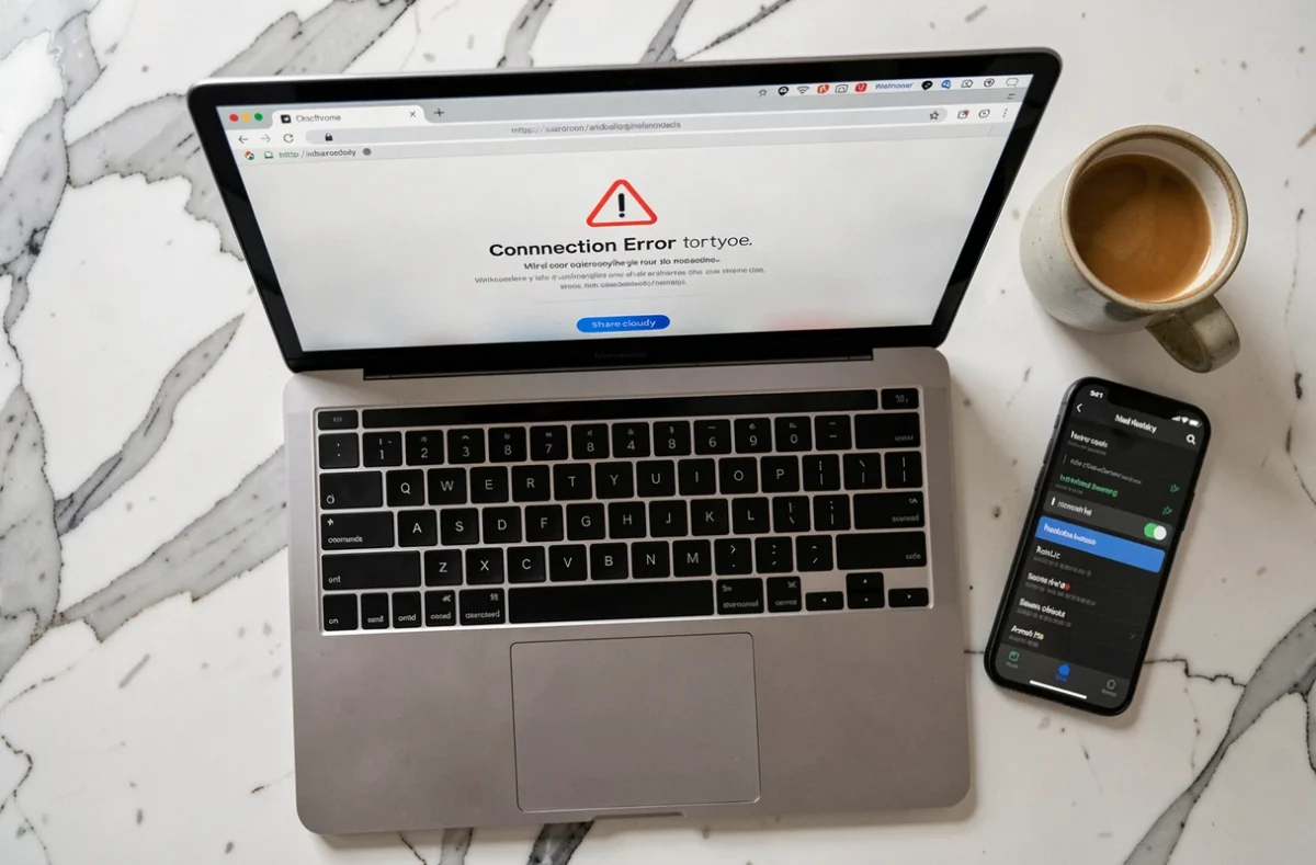 Vue aérienne d'un laptop affichant l'erreur sharecloudy sur Chrome posé sur un plan de travail en marbre