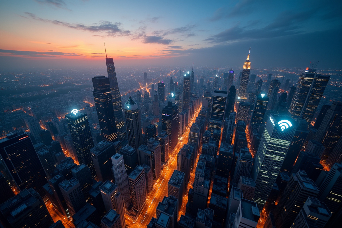 Vue aérienne d une ville la nuit avec icônes WiFi flottantes